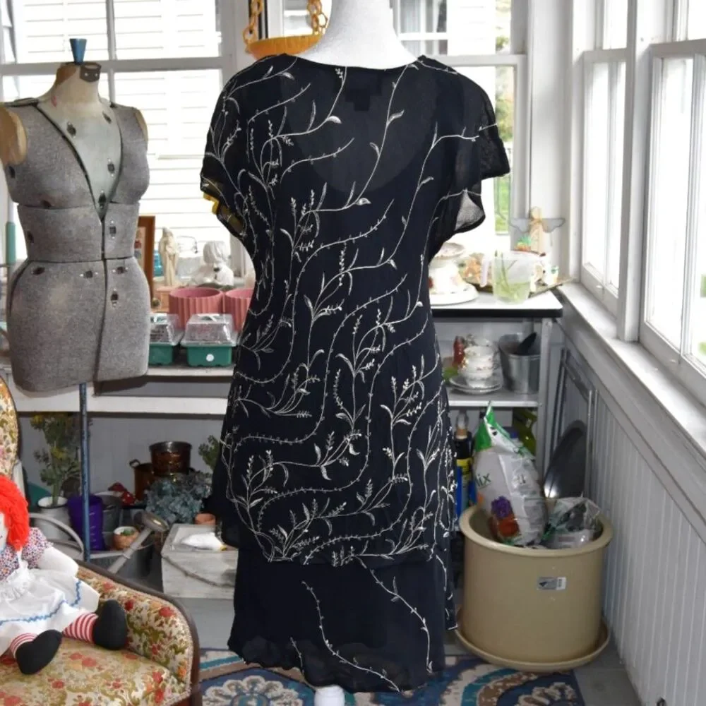 Carole Little 2pc Black Floral Vines Top & Skirt Set Evening USA M-L